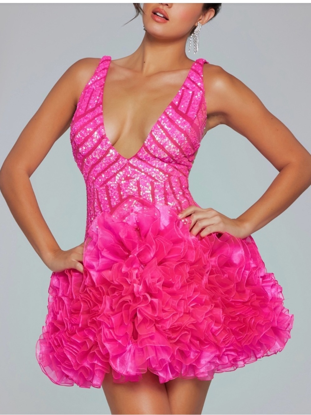 Elegant Hot Pink Sequin V-Neck Ruffle Party Dress